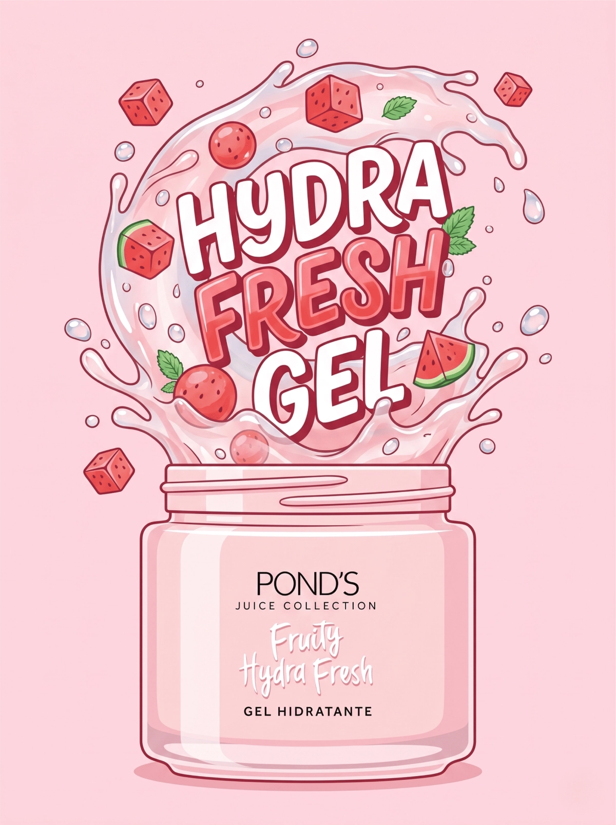 Fruit extracts and elements suspended in transparent gel.