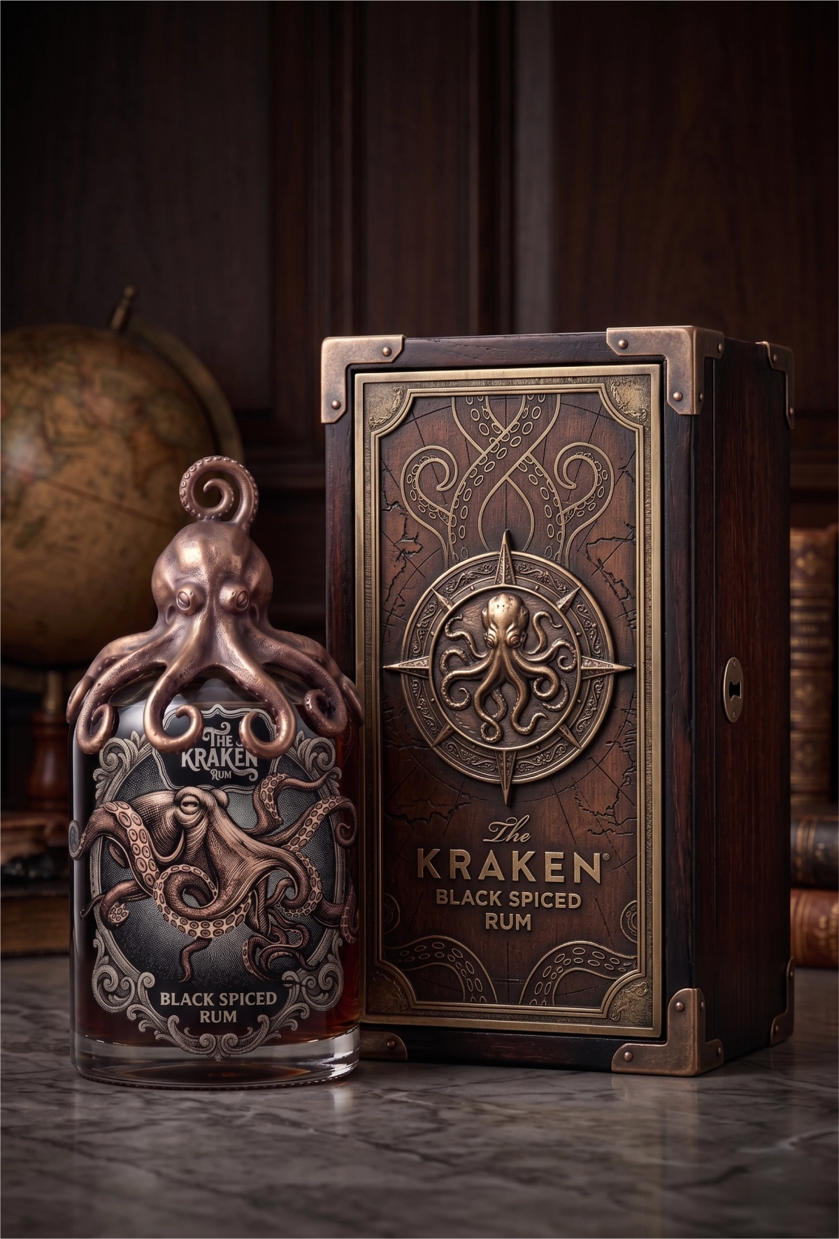 Matte black ceramic Kraken rum bottle layout