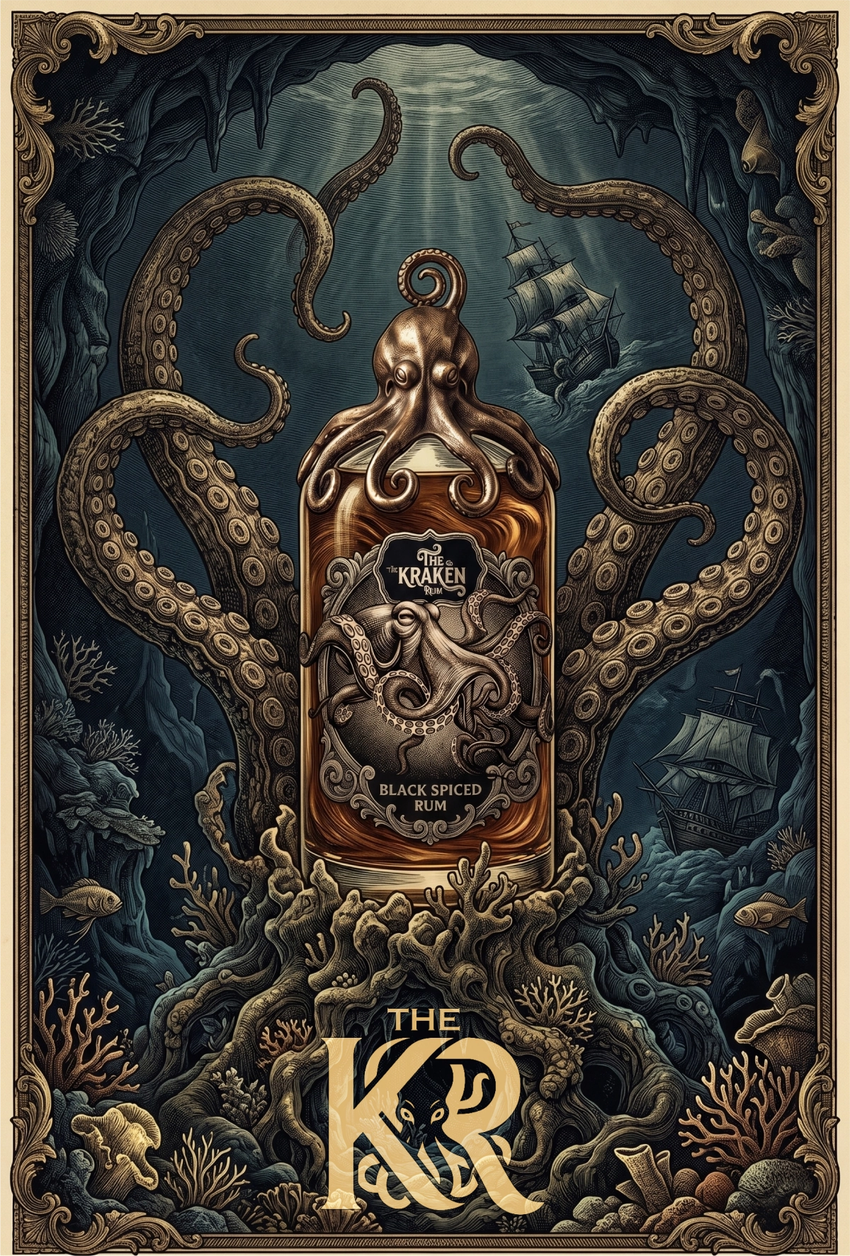Vintage engraving style illustration of a giant octopus